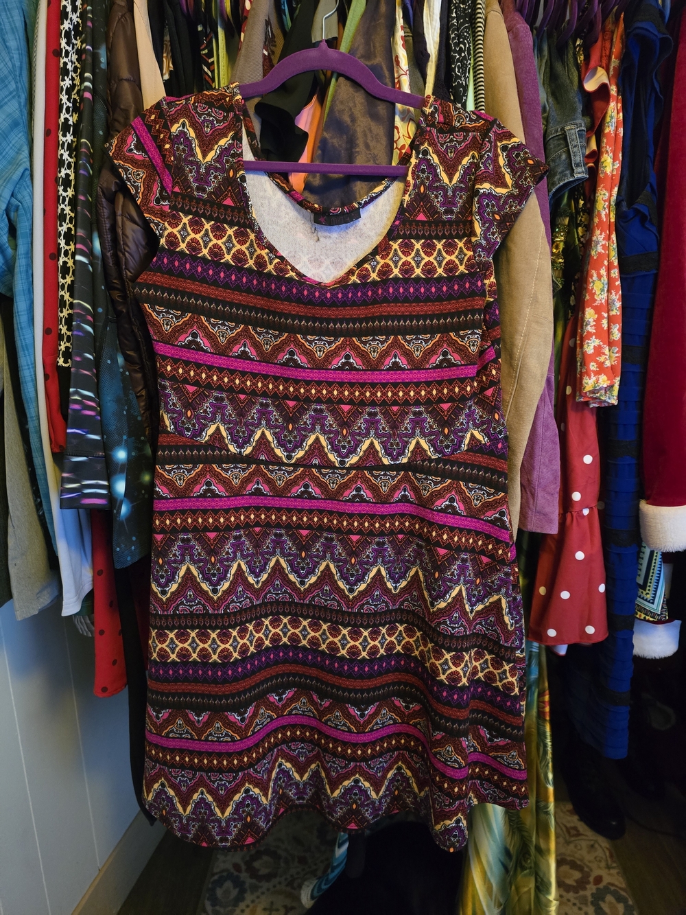 Striped Aztec-Print Mini Dress in Magenta and Gold